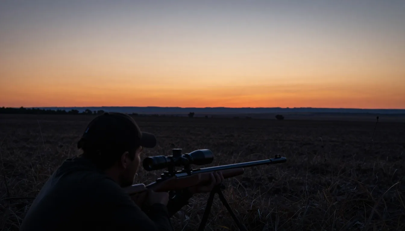 Hunter with thermal rifle scope overlooking field at dusk