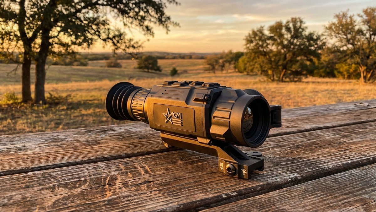 Best thermal scope under $1000 — AGM Rattler V2 mounted on rifle at dusk