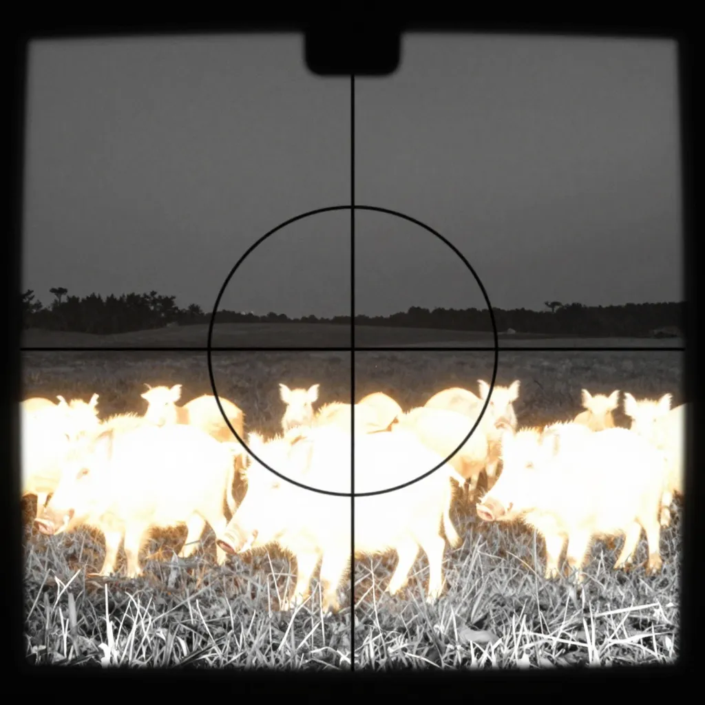 Thermal scope view of wild hogs in field at night